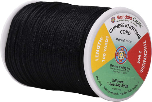 Mandala Crafts Nylon Satin Cord 2mm Rattail Cord Black String - 100 Yds Nylon Chinese Knotting Cord Rat Tail Silk Cord for Bracelet Necklace Jewel...
