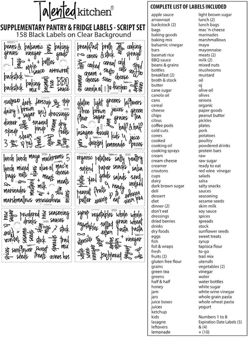 Talented Kitchen 158 Pieces Food Storage Labels for Glass Kitchen Containers, Preprinted Black Script on Clear Stickers for Fridge, Freezer, Pantr...