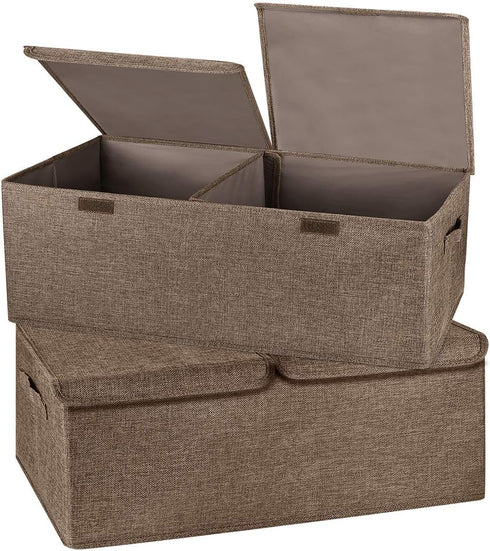 2 Pack Storage Boxes with Lids and Handles, Collapsible Linen Storage Bins Organizer Containers Baskets Cube with Removable Divider for Home Bedro...