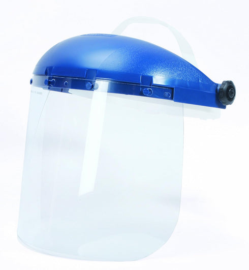 Single Crown Safety Face Shield with Pin-Lock Headgear, Polycarbonate Window, Clear Tint, Sta-Clear Anti-Fog Coating, Blue Crown...