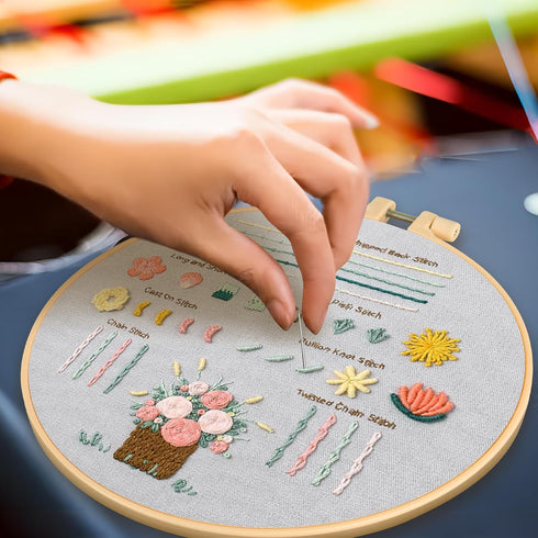Ponpon 3 Sets Embroidery Kit for Beginners, Embroidery Kit for Adults with Follow Instruction, Cross Stitch Kits with Wooden Embroidery Hoops (Stl...