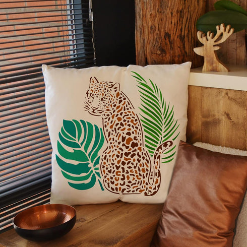 FINGERINSPIRE Leopard Stencil 11.8x11.8inch Reusable Tropical Leopard Painting Stencil DIY Art Tropical Leaf Drawing Template Plants Animal Stenci...