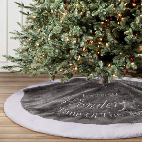 yuboo Gray Christmas Tree Skirt, 36" Faux Fur Pencil Tree Skirt Rug with White Embroidered Snowflakes for 5-6 ft Christmas Tree for Grey Christmas...