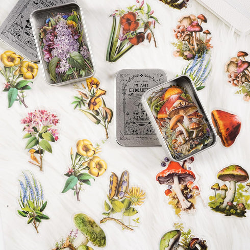 100Pcs Botanical PET Stickers, 2 Styles of Retro Mushrooms and Yard Plant PET Scrapbook Stickers Kit for Art Diary Card Craft Gifts Planner Notebo...