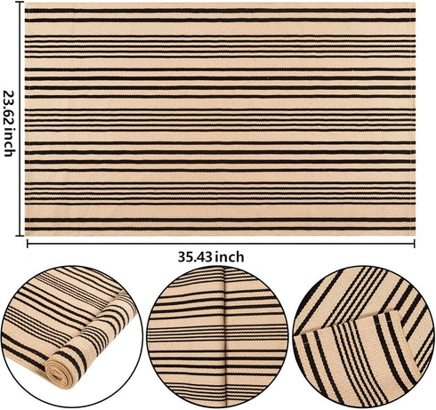 Front Outdoor Door Mat 2'x3',Tan Black Striped Outdoor Rug Machine Washable Cotton Layered Door Mat Entryway Throw Rug for Indoor Entrance...