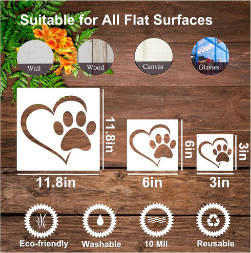 Dog Paw Stencils, Small and Large Bear Heart Paw Stencil Template Reusable Stencils for Painting on Wood Wall Furniture Home Decor (9 pcs paw)...