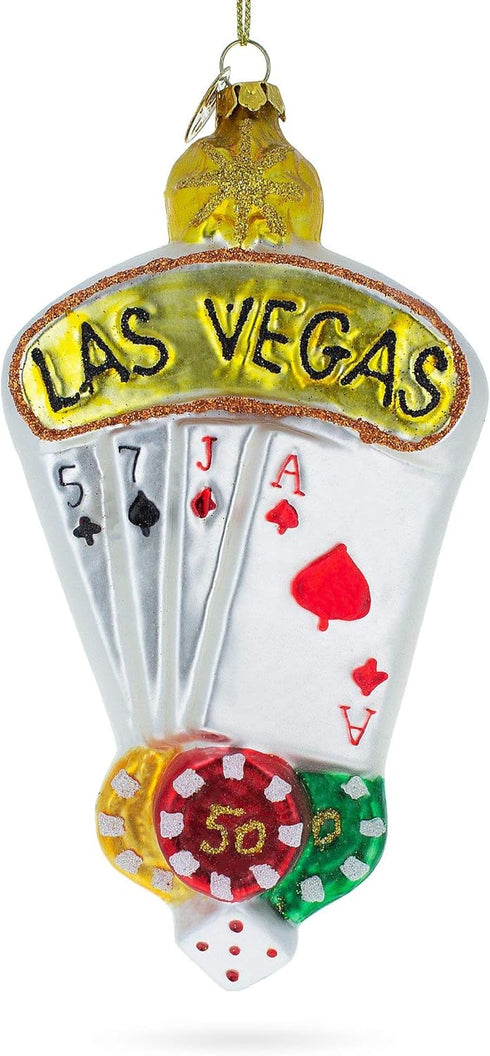 Las Vegas Casino with Playing Cards & Chips Blown Glass Christmas Ornament...