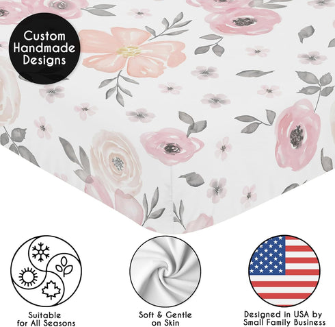 Sweet Jojo Designs Fitted Baby Crib Sheets (Pink/Grey Boho Floral) for Girls, Infant Nursery, Toddler Room - Standard Size (Blush, Rose, Gray, Flo...