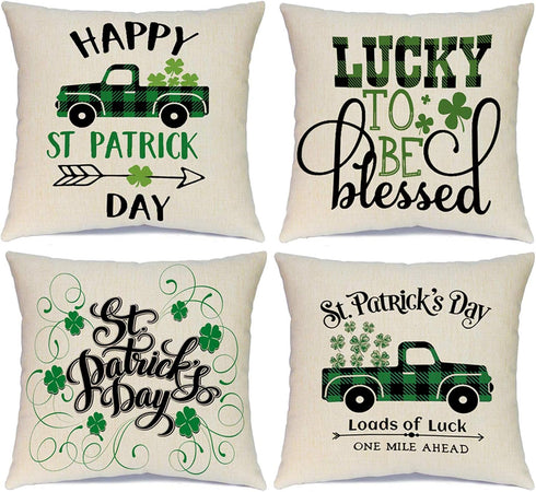Ueerdand St Patrick's Day Pillow Covers Set of 4 18x18 Inch Shamrock Happy St Patrick's Day Decorations Green Clover Buffalo Plaid Lucky Truck Dec...