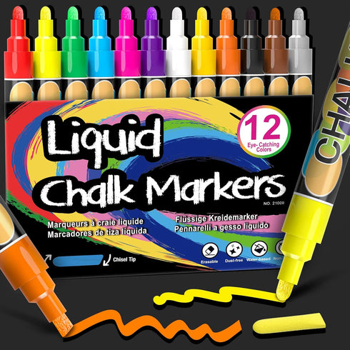 12 Liquid Chalk Markers Erasable Chalk Pens - Window Markers for Glass Washable, Chalk Markers for Chalkboard Car Glass Mirror Window Menu Board, ...