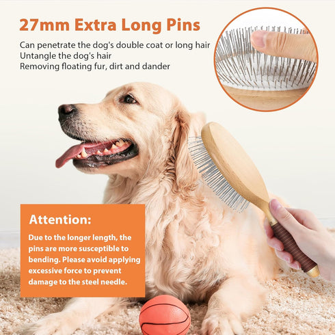 Dog Brush, Pin Brush for Dogs, 27mm Extra Long Pin Brush, Dog Grooming Brush for Shedding, Dog Brush for Long Haired Dogs - Beech Wood Material, N...