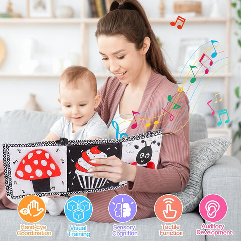 Black and White High Contrast Toys for Baby 0-3 3-6 months Infant Tummy Time Soft Book Sensory Musical Toy 0-2-4-6 month Babies Brain Development ...