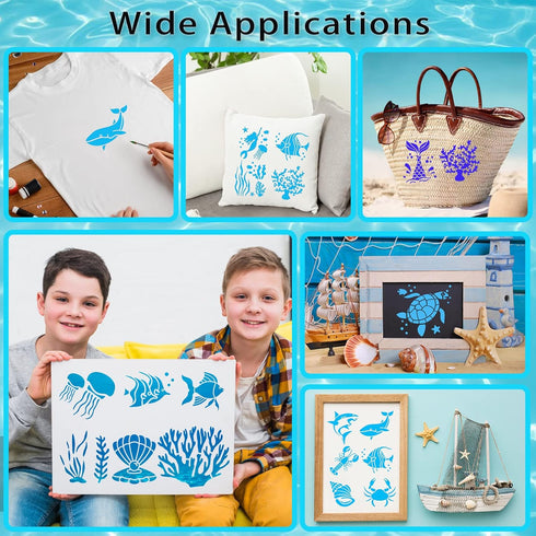 80 Pcs 5 x 5 Inch Stencils for Painting on Wood, Reusable Sea Ocean Creatures Stencils Mermaid Stencils Dolphin Shark Plastic Stencils DIY Craft T...