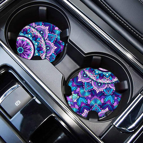 4 Pieces Mandala Purple Lotus Steering Wheel Cover Set with 2pcs Car Cup Coasters & Quarter Keyring, Cute and Fashionable Non-Slip Purple Steering...