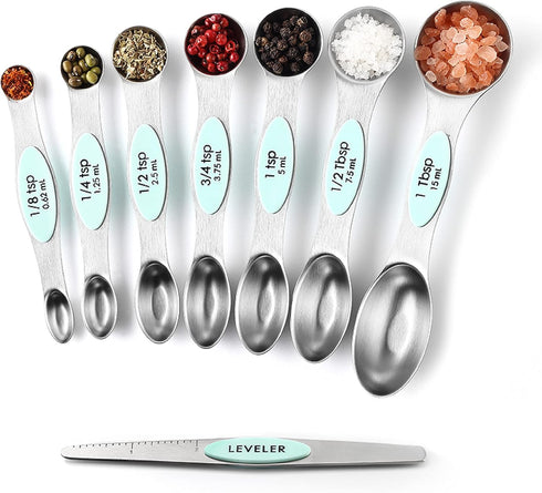Spring Chef Stainless Steel Magnetic Measuring Spoons Set of 8 with Leveler, Nesting Metal Teaspoon & Tablespoon Measuring Spoons, Kitchen Gadgets...