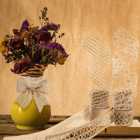 4 Rolls Burlap Ribbon Natural Jute Burlap Lace Ribbon Mesh Burlap Ribbon Weeding Ribbon Trim Craft Wrapping Ribbon for Holiday Party DIY Handmade ...