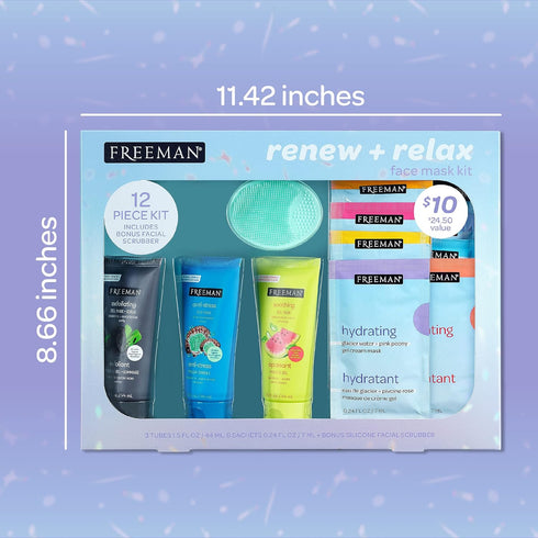 Freeman Limited Edition Renew & Relax Mask Kit, Face Masks To Soothe, Rejuvenate, and Deep Cleanse Pores, Facial Mask Variety, Silicone Mask Appli...