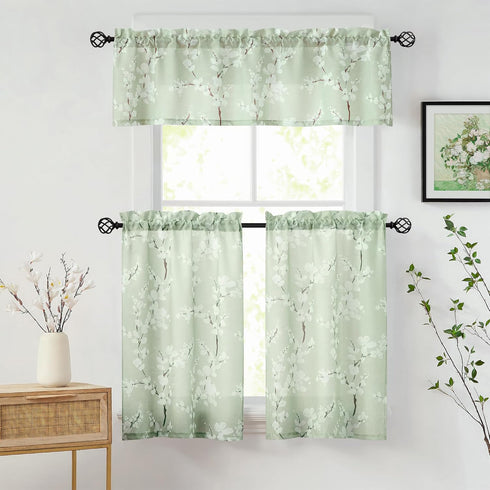 FMFUNCTEX Green White Kitchen Tier Curtains 24 Inch Length Blossom Print Half Window Drapes for Bathroom Floral Patterned Light Filtering Privacy ...