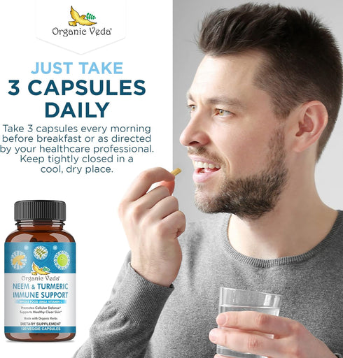 Organic Veda Neem & Turmeric Capsules with Amla Fruit, Tulsi, Holy Basil, Black Pepper Extract - Immune Support Dietary Supplement - Boosts Health...