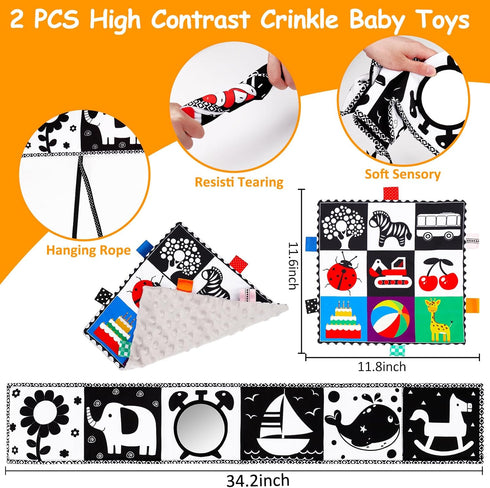 2 PCS Black and White High Contrast Baby Toys 0-6 Months Soft Crinkle Book for Early Education Montessori Sensory Toys for Newborn Brain Developme...