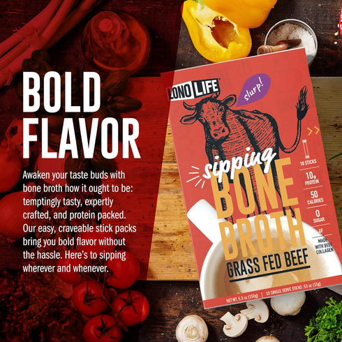 LonoLife Beef Bone Broth Powder Mix | Grass-Fed, 10g Protein | Collagen-Rich, Keto & Paleo Friendly | Natural Ingredients | 10 Portable Stick Pack...