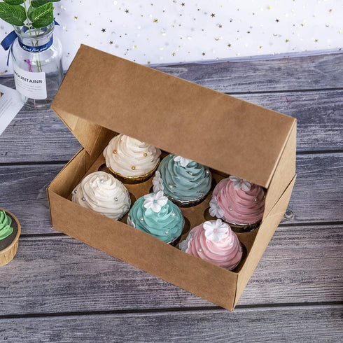ONE MORE Cupcake Boxes with Inserts 6 Holders,9.5x6.3x3inch Large Brown Kraft Standard Bakery Boxes with Window Food Grade Cake Carrier Container ...