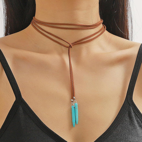 INENIMARTJ Boho Leather Necklaces for Women Suede Choker Necklace Vintage Bohemian Turquoise Necklace Layered Leather Choker Y-Necklaces Trendy We...