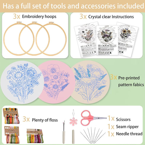 Ohcol 3 Sets Embroidery Kit for Beginners with Easy-to-Follow Operating Instructions,Cross Stitch Kits for Adults with Flowers Patterns,Needlepoin...
