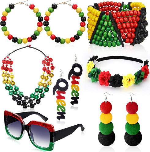 7 Pieces Jamaica African Jewelry for Women, Rasta African Beads Earrings Afro Beaded Bracelet Queen Wooden Earrings Bohemian Coconut Shell Necklac...