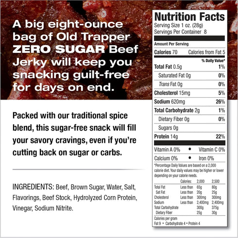 Old Trapper Zero Sugar Beef Jerky, Eight-Ounce Individual Package, Natural Wood Smoked Keto-Friendly Snack, 14 Grams of Protein, 70 Calories, and ...