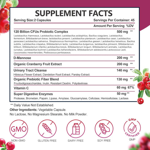 Probiotics for Women Digestive Health, Vaginal probiotics 120 Billion CFU 31 Strains with Digestive Enzymes & Prebiotics & D Mannose & Cranberry f...