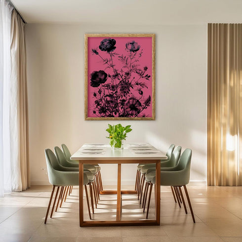 Posterizer 1 pcs-dainty black flowers with pink soft background-Floral & Botanical Art-Abstract & Modern Art-Decor for Home & Office- UNFRAMED Wal...