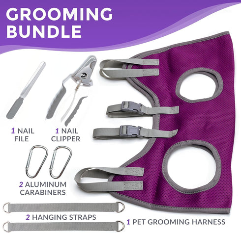 Dog Grooming Hammock - Pet Grooming Hammock with Nail Clippers for Dogs, Nail File, and Dog Bath Brush - Dog Hammock for Grooming with Strong Cent...
