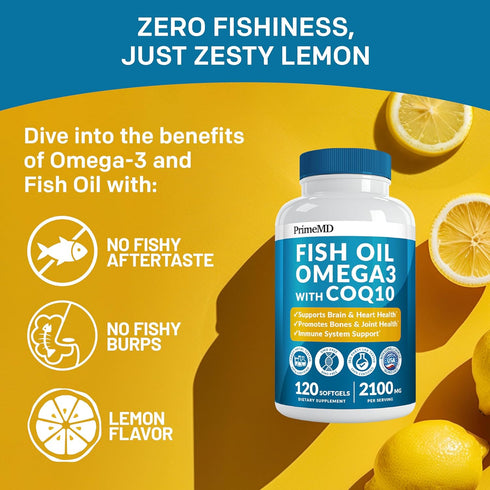 5-in-1 Fish Oil Omega 3 Supplements with Vitamins D3 & K2 and CoQ10 - DHA EPA Omega 3 Fish Oil Supplements - Lemon Flavored Omega 3 Fatty Acid Sup...