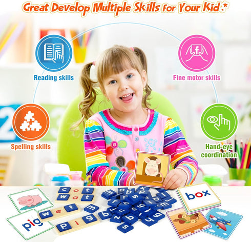Learning Toys for 3 4 5 Years Old Kids - 116Pcs Short Vowel Letters Sorting Spelling Reading Toy Set with Double-Sided Flash Cards, Preschool Kind...