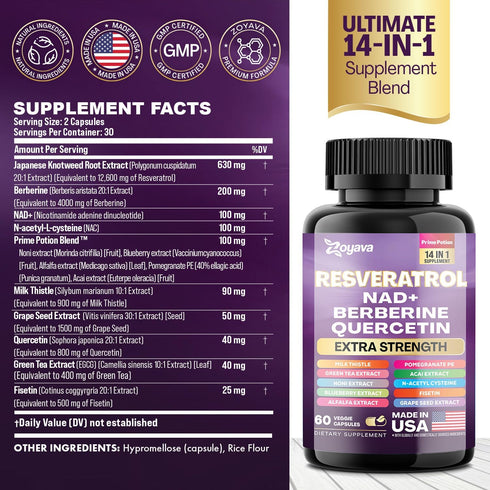 Resveratrol Supplement 12600mg NAD+ 100mg Milk Thistle 900mg Berberine 4000mg Fisetin 500mg Quercetin 800mg NAC 100mg Grape Seed Extract 400mg Gre...