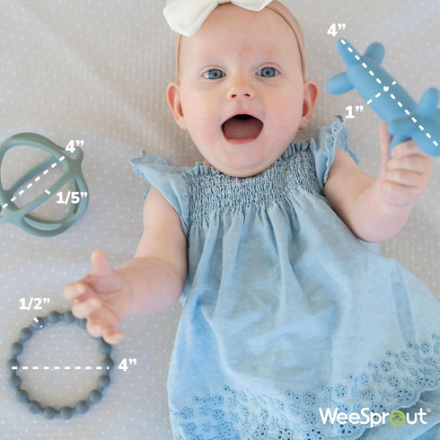 WeeSprout Handheld Teether Set (Matte Green, Pink & Off White)...