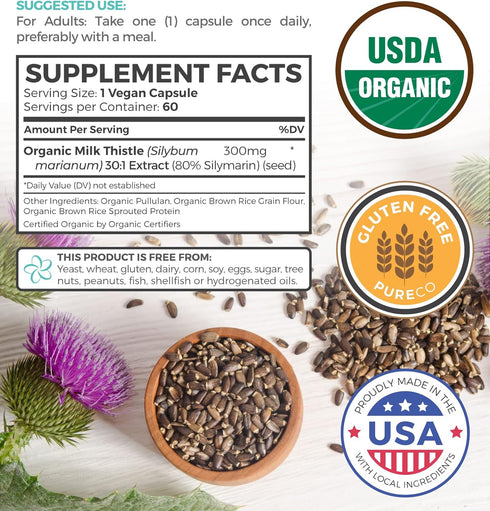 USDA Organic Milk Thistle Capsules - 80% Silymarin Supplement for Liver Support- Super Concentrated 300mg of 30:1 Milk Thistle Extract Equivalent ...