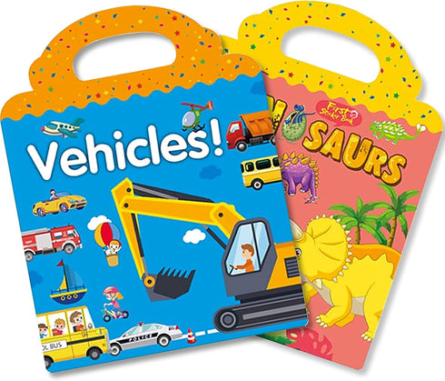 Reusable Sticker Book for Kids 2-4, 2 Sets Vehicle & Dinosaur Sticker Busy Book Educational Learning Toys Travel Stickers Quiet Activity Books for...