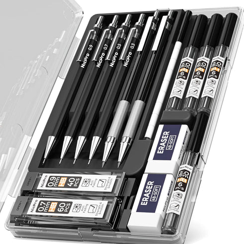Nicpro 6 PCS Art Mechanical Pencil Set, Black Metal Drafting Pencil 0.3, 0.5, 0.7, 0.9 mm & 2PCS 2mm Graphite Lead Holder(4B 2B HB 2H) For Writing...