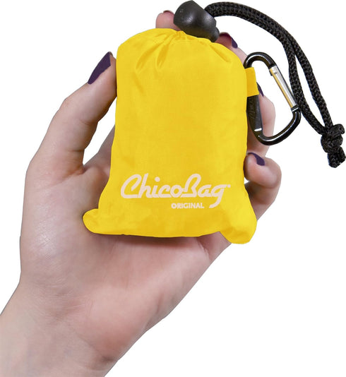 ChicoBag Original Compact Reusable Grocery Bag w/Attached Pouch and Carabiner Clip | Eco-Conscious Packable Tote | Variety 4pk - Mazarine, Aqua, O...