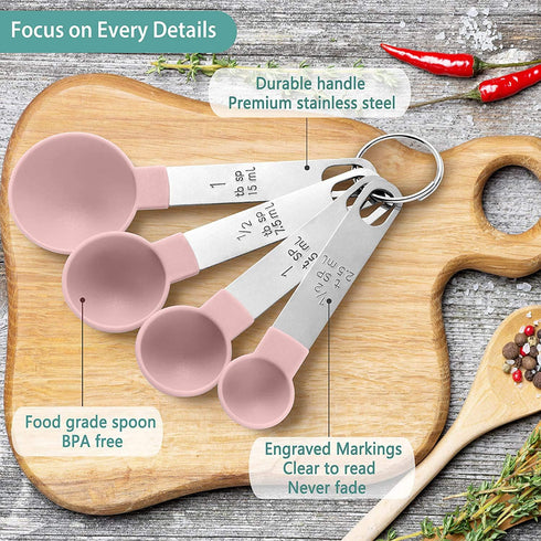 8 Pieces Measuring Cups and Spoons Set / Nesting Measuring Cups with Stainless Steel Handle / for Dry and Liquid Ingredient (Light pink)...