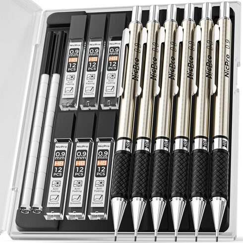 Nicpro 0.9 mm Art Mechanical Pencils Set in Gift Case, 6 PCS Metal Drafting Pencil 0.9mm with 6 Tube HB Lead Refills & 18 PCS Eraser Refills for A...