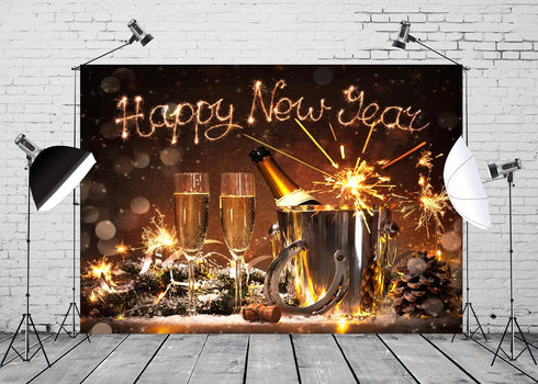 BELECO 5x3ft Fabric Happy New Year Backdrop 2025 New Years Eve Backdrops New Year Party Decorations Banner Lucky Horseshoe Champagne Fireworks Bok...