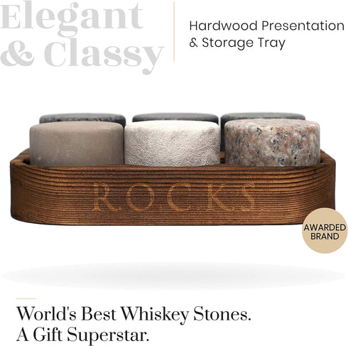 Whiskey Chilling Stones - Set of 6 Handcrafted Premium Granite Round Sipping Rocks - Hardwood Presentation & Storage Tray by R.O.C.K.S....
