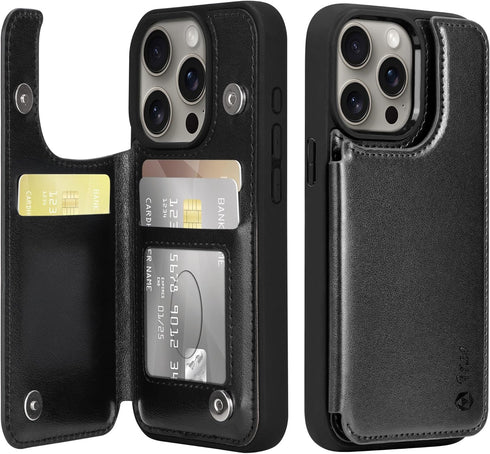 Arae Compatible for iPhone 15 Pro Case with Card Holder - Wallet Case with PU Leather Card Pockets Back Flip Cover for iPhone 15 Pro 6.1 inch - Bl...