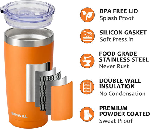 SUNWILL Travel Coffee Tumbler 20 oz, Insulated Mug with Lid, Stainless Steel Cup for Hot and Cold Drinks, Powder Coated Orange...