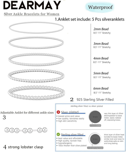 DEARMAY 5Pcs Gold/Silver Bead Ankle Bracelets for Women 14K Gold Beaded Anklets for Women Pack Stackable Link Anklets Set Layered Cute Summer Beac...