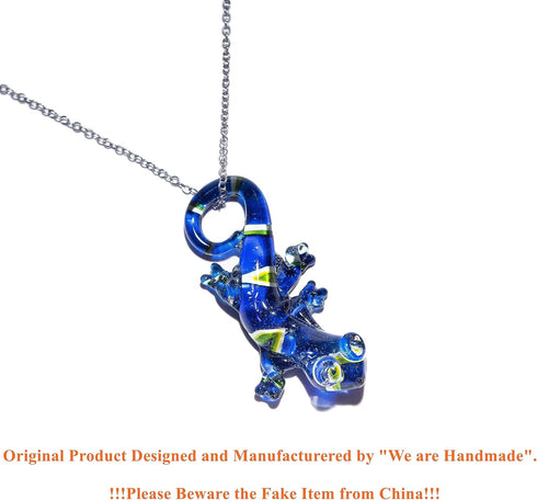 Handmade Large Blue Lizard Art Glass Blown Animal Figurine Pendant Necklace Jewelry...