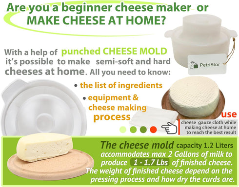 PetriStor Cheese Mold for Cheese Making Cheese with Follower Piston 1.3QT and Cheesecloth - Cheese Form Mold - Cheese Making Basket - Paneer Chees...